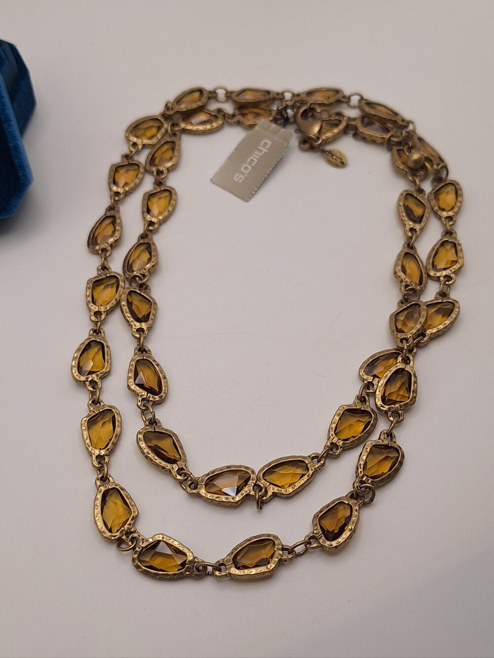 Chico's NWT $59 Amber Crystal Gold Tone Long Statement Necklace